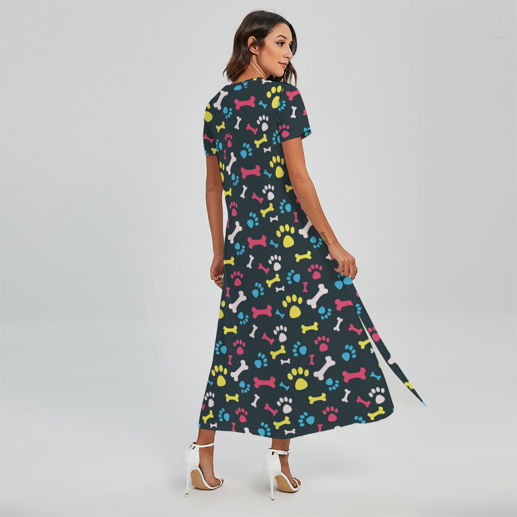 Colorful Paw And Bone Pattern Print Short Sleeve Maxi Dress