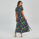 Colorful Paw And Bone Pattern Print Short Sleeve Maxi Dress