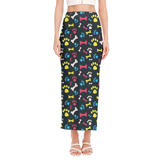 Colorful Paw And Bone Pattern Print Side Slit Maxi Skirt