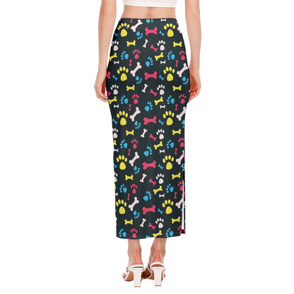 Colorful Paw And Bone Pattern Print Side Slit Maxi Skirt