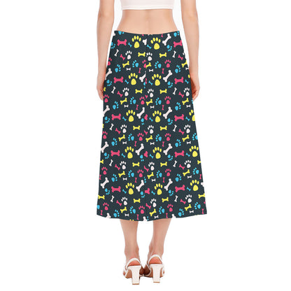 Colorful Paw And Bone Pattern Print Side Slit Midi Skirt