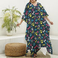 Colorful Paw And Bone Pattern Print Silk V-Neck Kaftan Dress