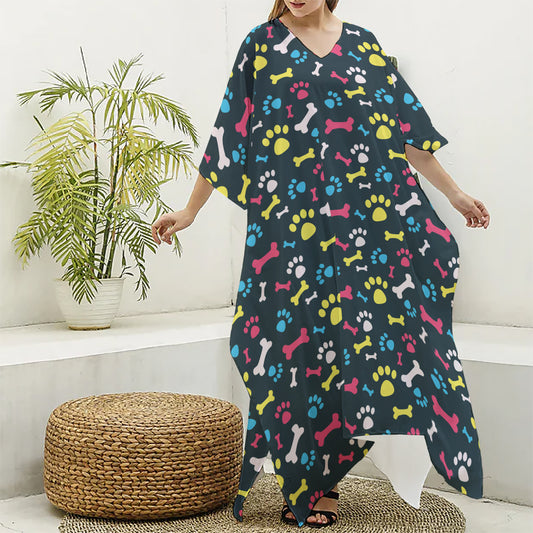 Colorful Paw And Bone Pattern Print Silk V-Neck Kaftan Dress