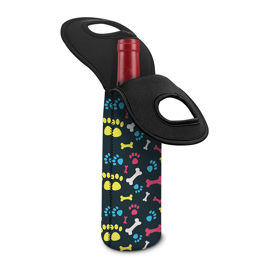 Colorful Paw And Bone Pattern Print Single Neoprene Wine Tote