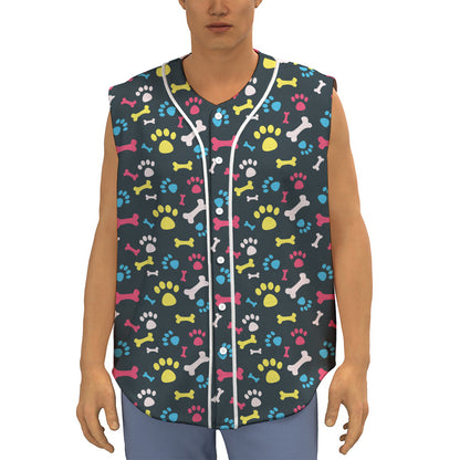 Colorful Paw And Bone Pattern Print Sleeveless Baseball Jersey