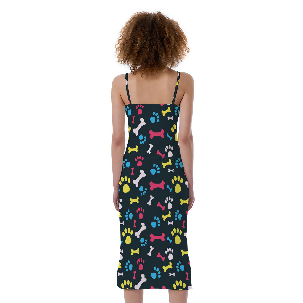 Colorful Paw And Bone Pattern Print Slim Fit Midi Cami Dress