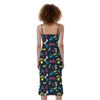 Colorful Paw And Bone Pattern Print Slim Fit Midi Cami Dress