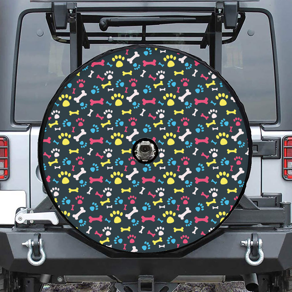 Colorful Paw And Bone Pattern Print Tire Cover With Camera Hole