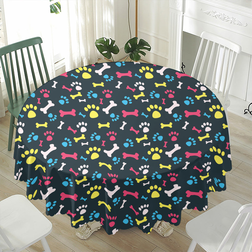 Colorful Paw And Bone Pattern Print Waterproof Round Tablecloth