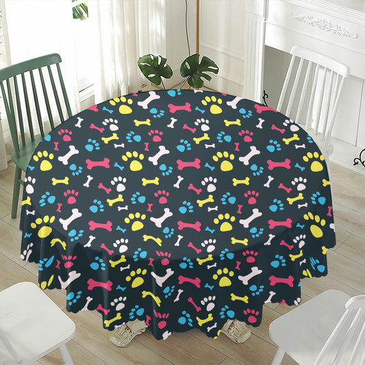 Colorful Paw And Bone Pattern Print Waterproof Round Tablecloth