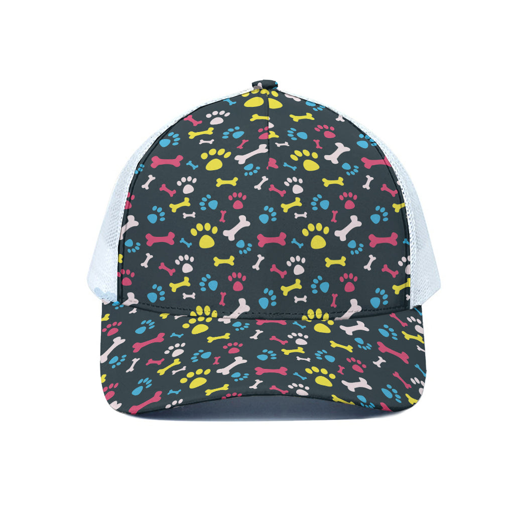 Colorful Paw And Bone Pattern Print White Mesh Trucker Cap
