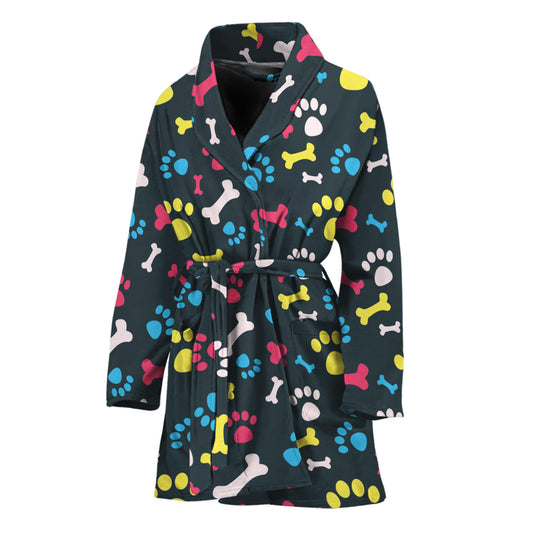 Colorful Paw And Bone Pattern Print Women's Bathrobe