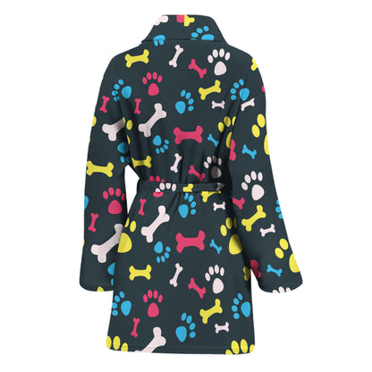 Colorful Paw And Bone Pattern Print Women's Bathrobe