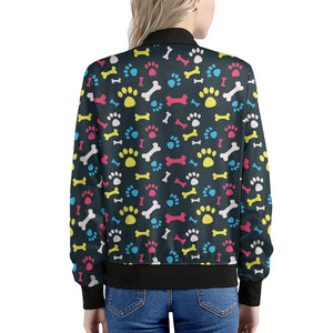 Colorful Paw And Bone Pattern Print Women's Bomber Jacket