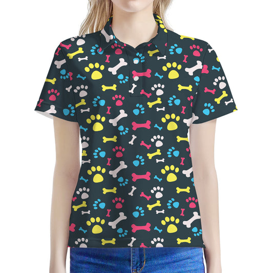 Colorful Paw And Bone Pattern Print Women's Polo Shirt