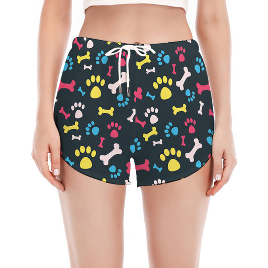 Colorful Paw And Bone Pattern Print Women's Split Running Shorts
