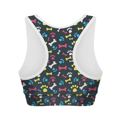 Colorful Paw And Bone Pattern Print Women's Sports Bra