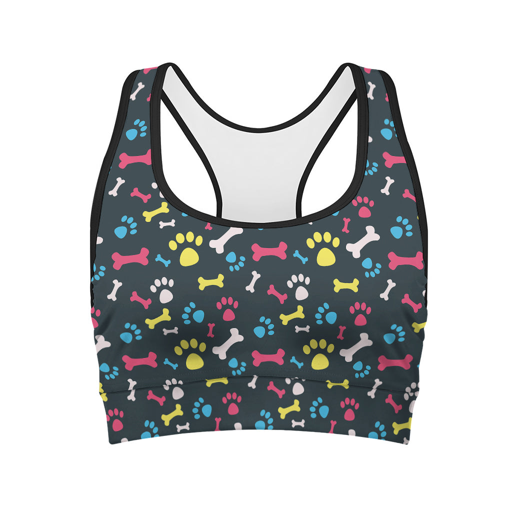 Colorful Paw And Bone Pattern Print Women's Sports Bra