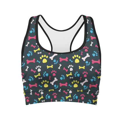 Colorful Paw And Bone Pattern Print Women's Sports Bra