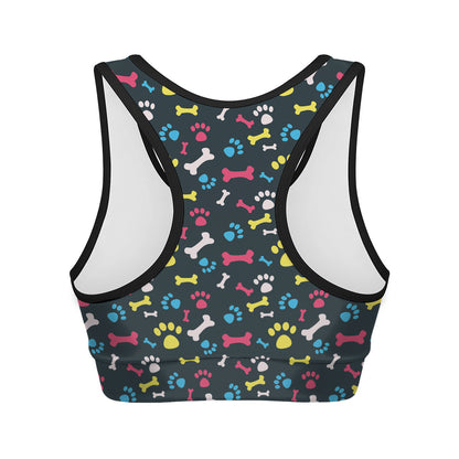 Colorful Paw And Bone Pattern Print Women's Sports Bra