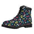 Colorful Paw And Bone Pattern Print Padded Collar Lace Up Boots