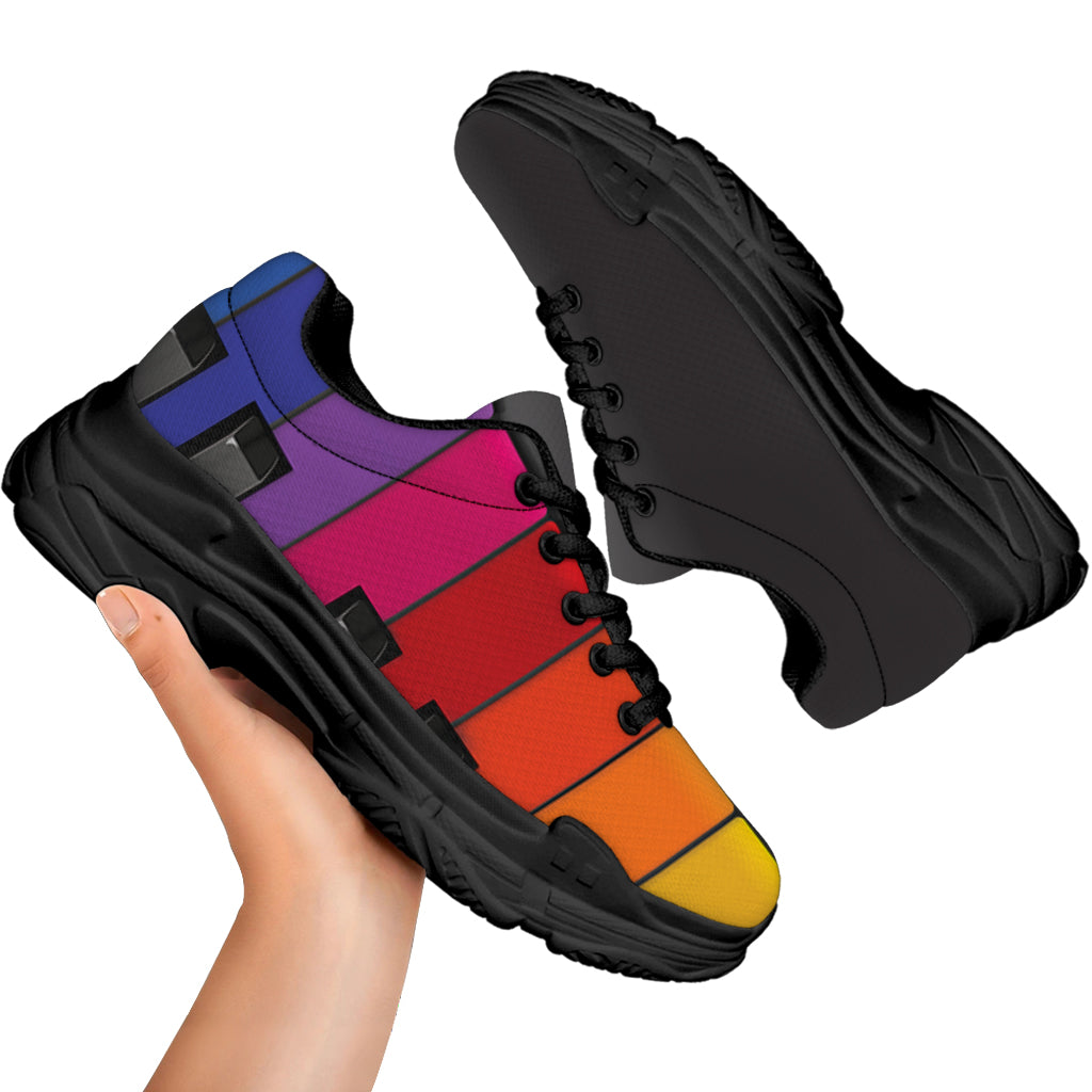Colorful Piano Keyboard Print Black Chunky Shoes