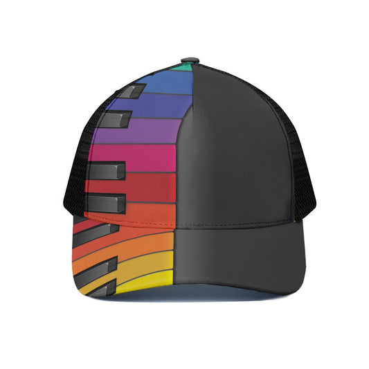 Colorful Piano Keyboard Print Black Mesh Trucker Cap