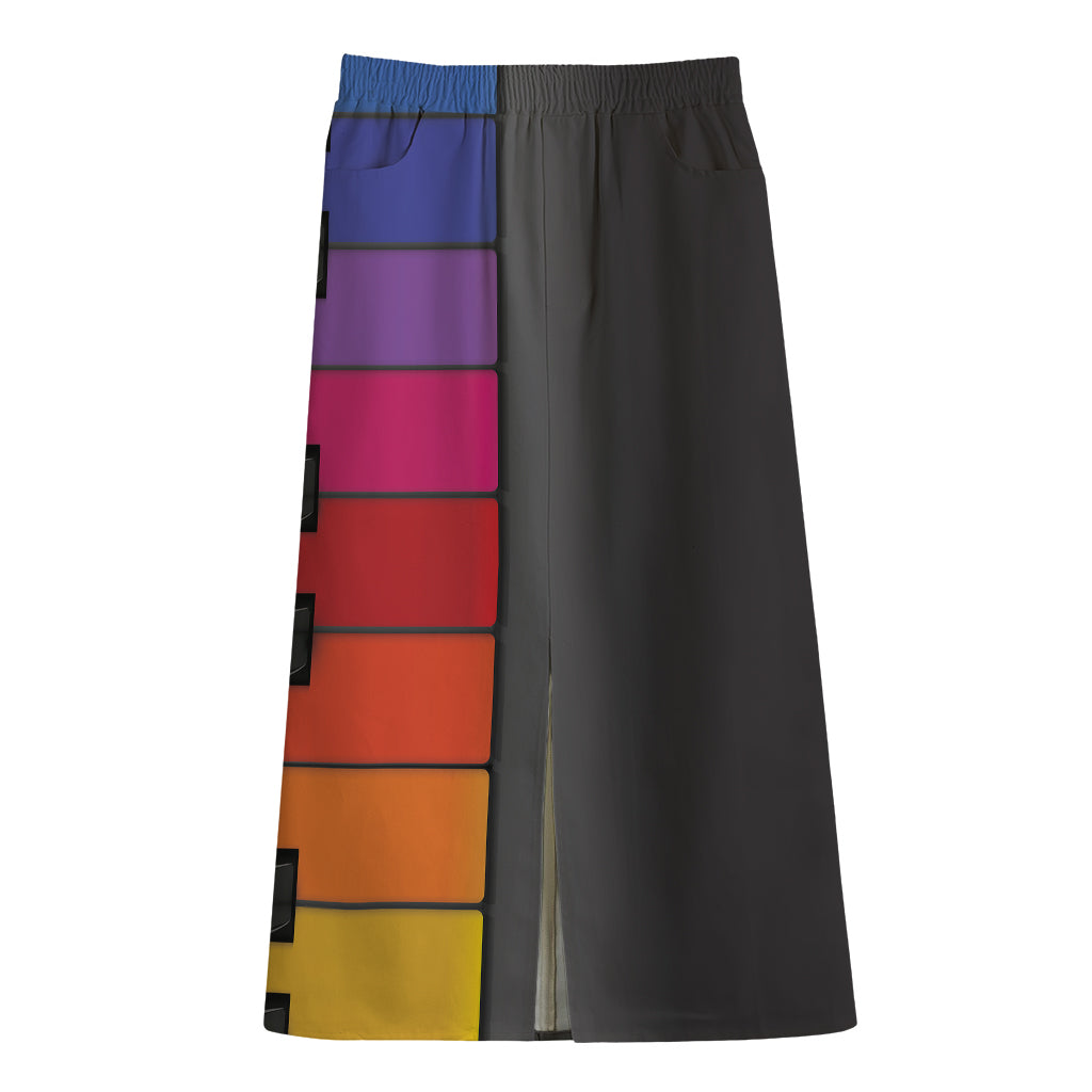 Colorful Piano Keyboard Print Cotton Front Slit Maxi Skirt