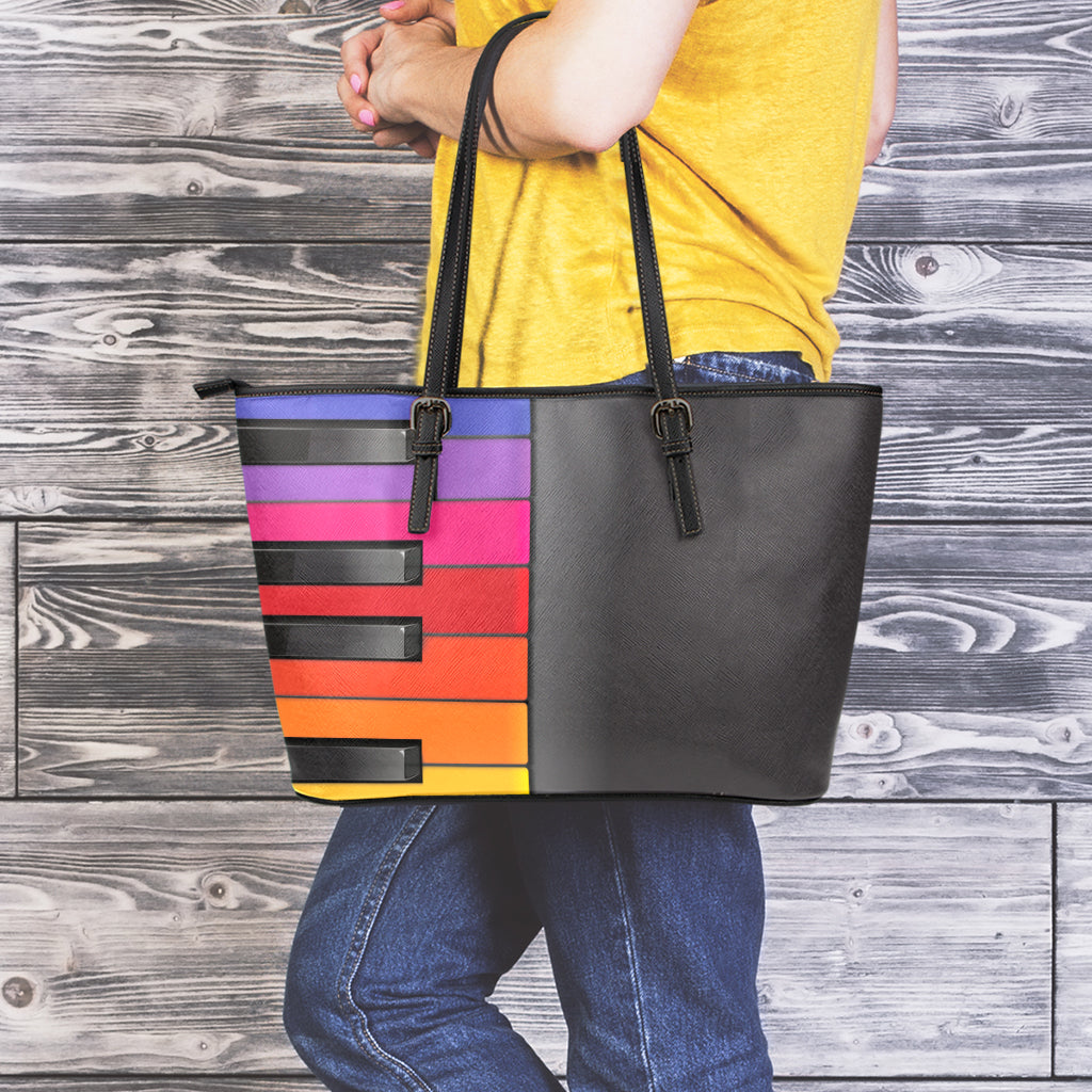Colorful Piano Keyboard Print Leather Tote Bag
