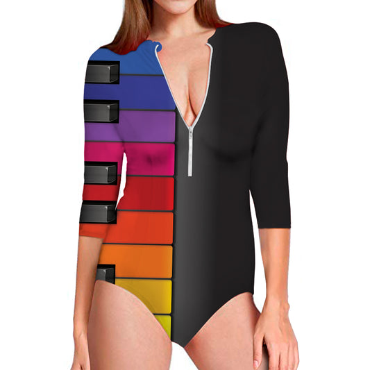 Colorful Piano Keyboard Print Long Sleeve Swimsuit