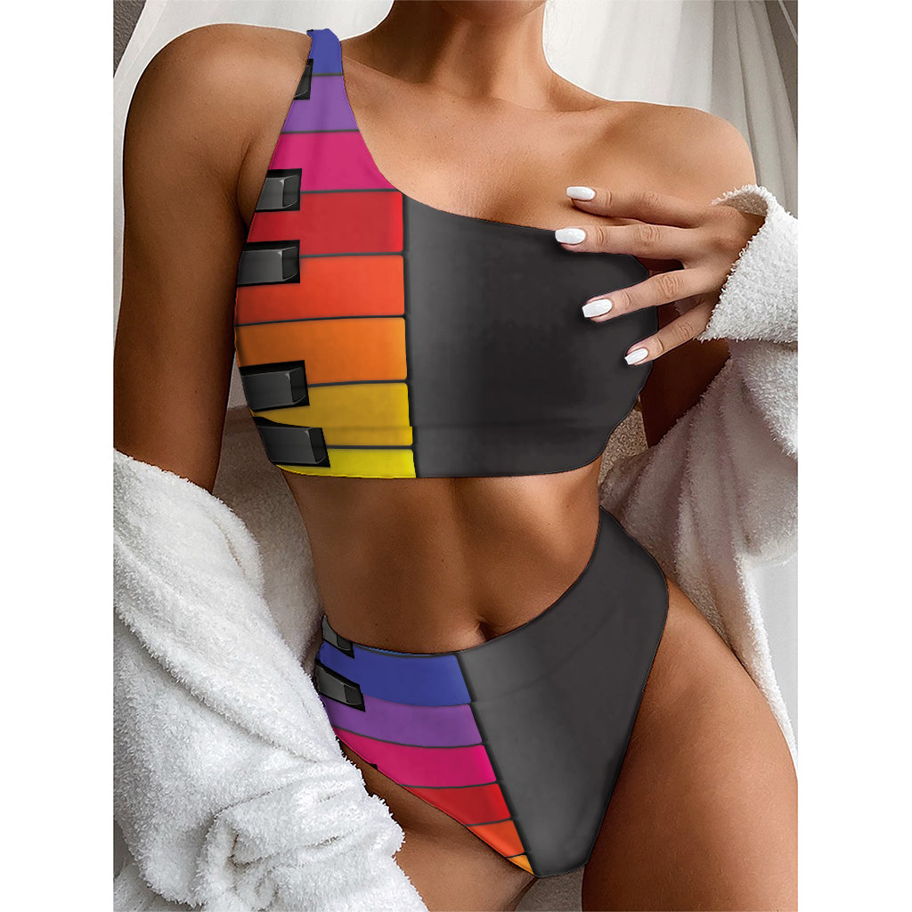 Colorful Piano Keyboard Print One Shoulder Bikini Top