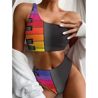 Colorful Piano Keyboard Print One Shoulder Bikini Top