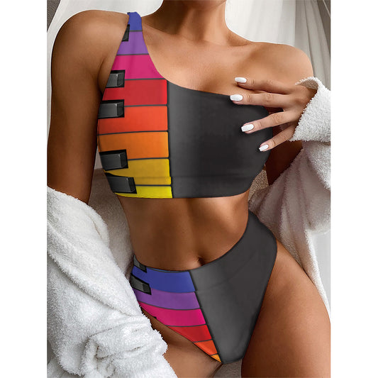 Colorful Piano Keyboard Print One Shoulder Bikini Top