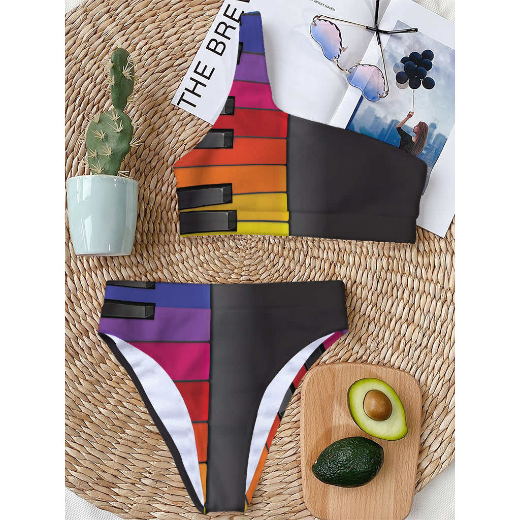 Colorful Piano Keyboard Print One Shoulder Bikini Top