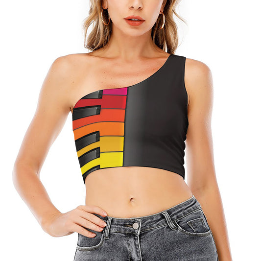 Colorful Piano Keyboard Print One Shoulder Crop Top