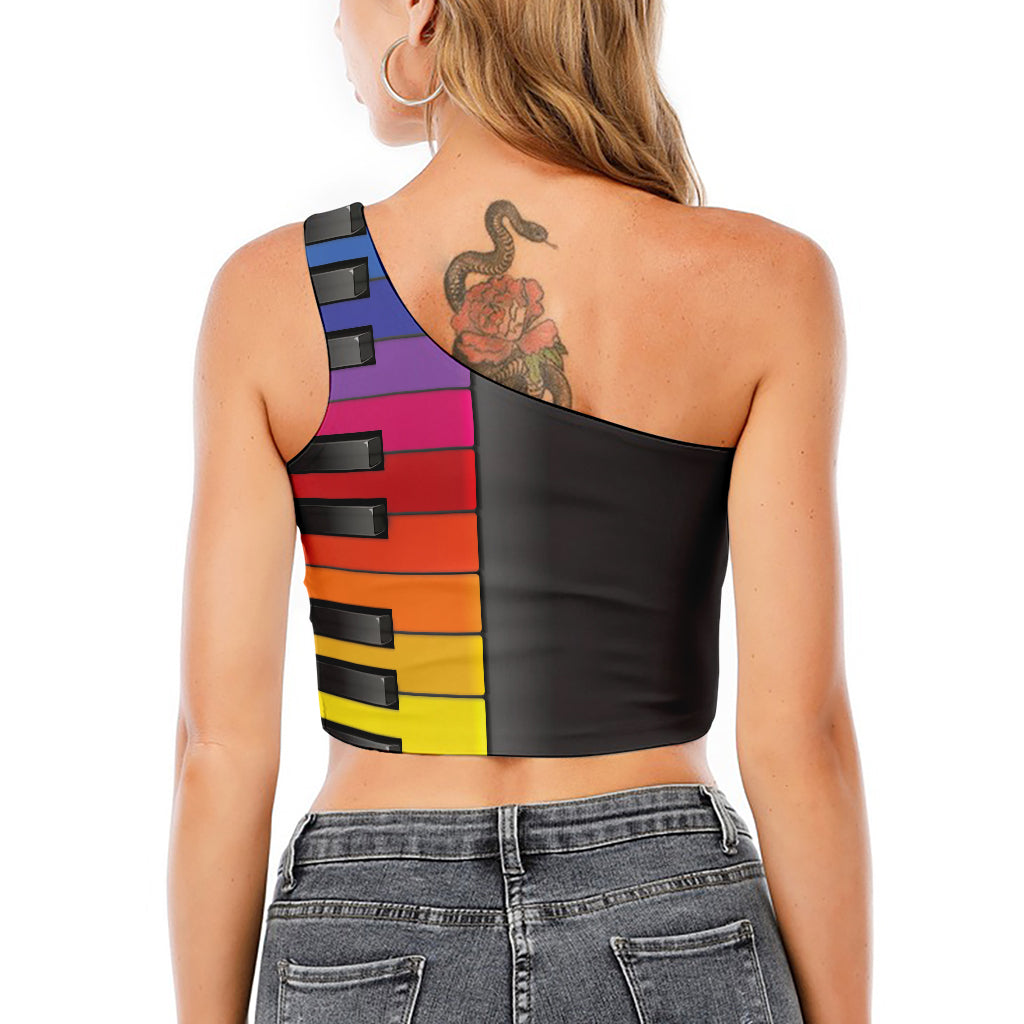 Colorful Piano Keyboard Print One Shoulder Crop Top