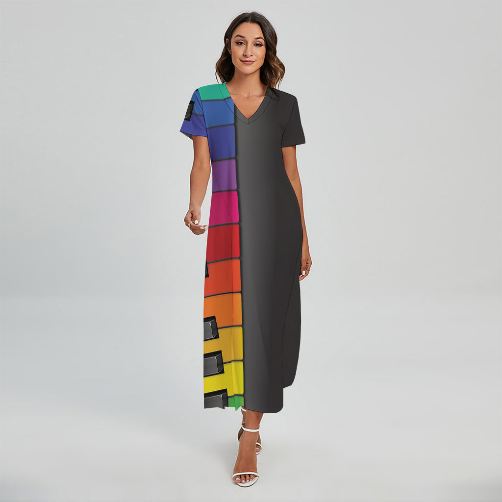 Colorful Piano Keyboard Print Short Sleeve Maxi Dress