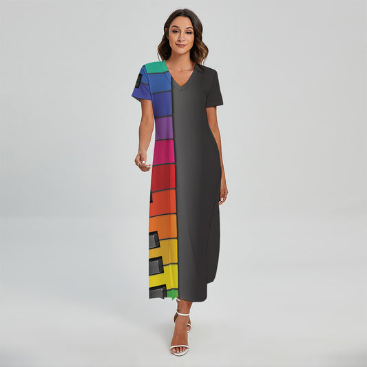 Colorful Piano Keyboard Print Short Sleeve Maxi Dress