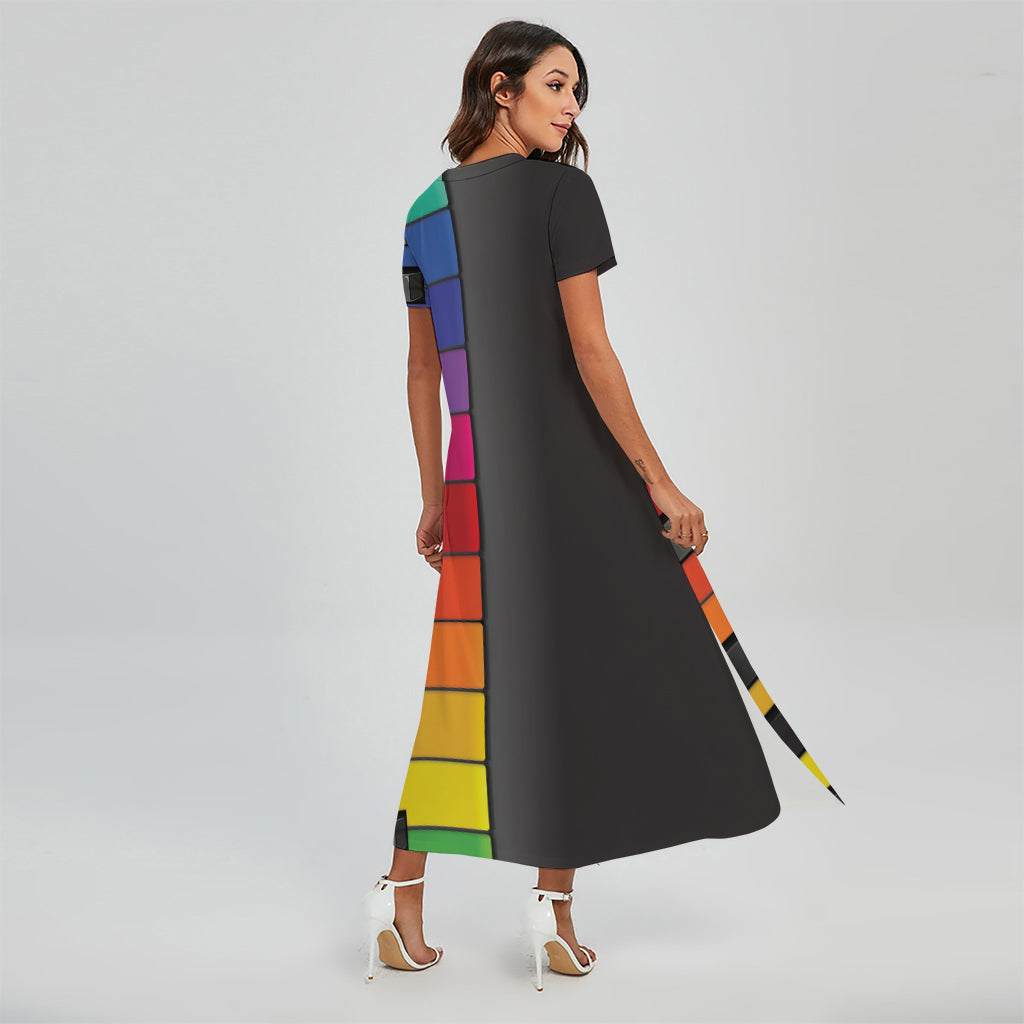 Colorful Piano Keyboard Print Short Sleeve Maxi Dress