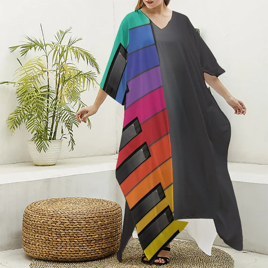 Colorful Piano Keyboard Print Silk V-Neck Kaftan Dress