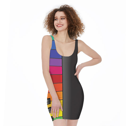 Colorful Piano Keyboard Print Sleeveless Bodycon Dress