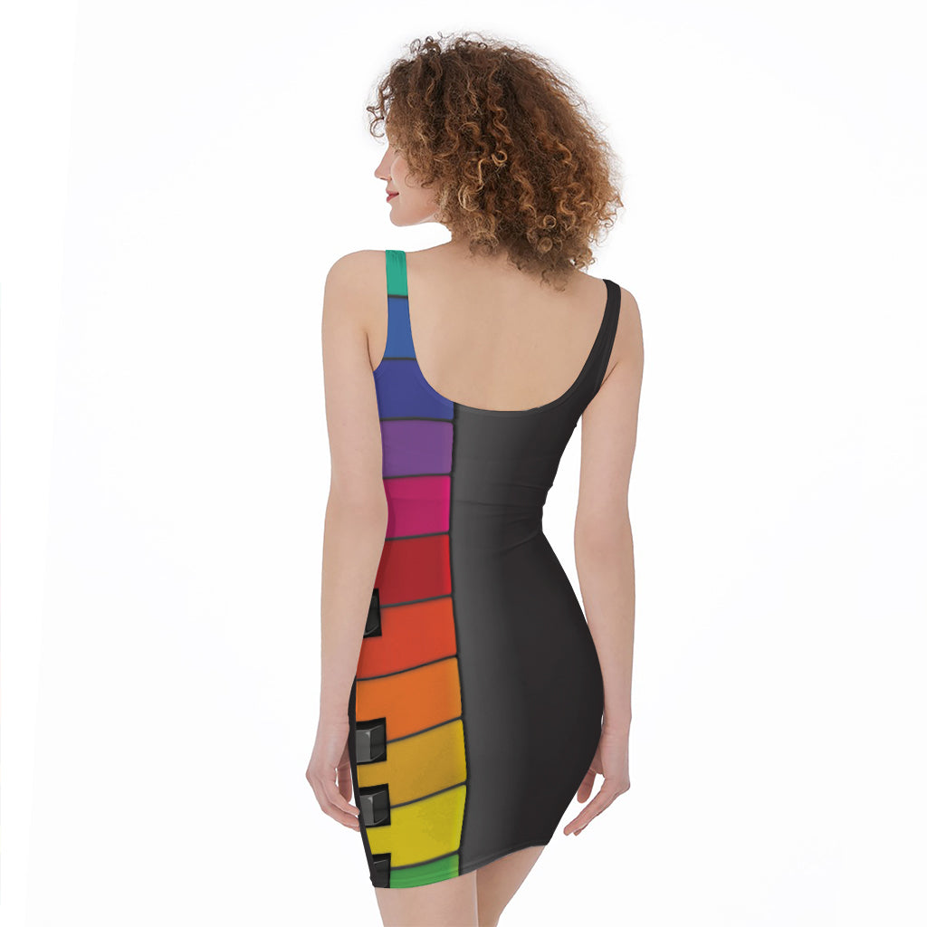 Colorful Piano Keyboard Print Sleeveless Bodycon Dress