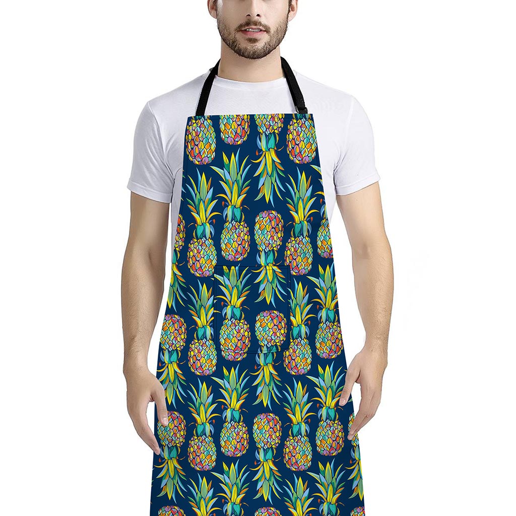 Colorful Pineapple Pattern Print Bib Apron With Pocket