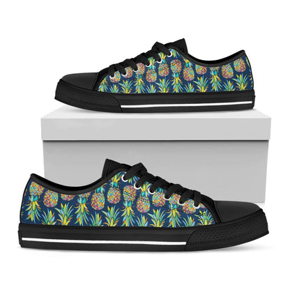 Colorful Pineapple Pattern Print Black Low Top Sneakers