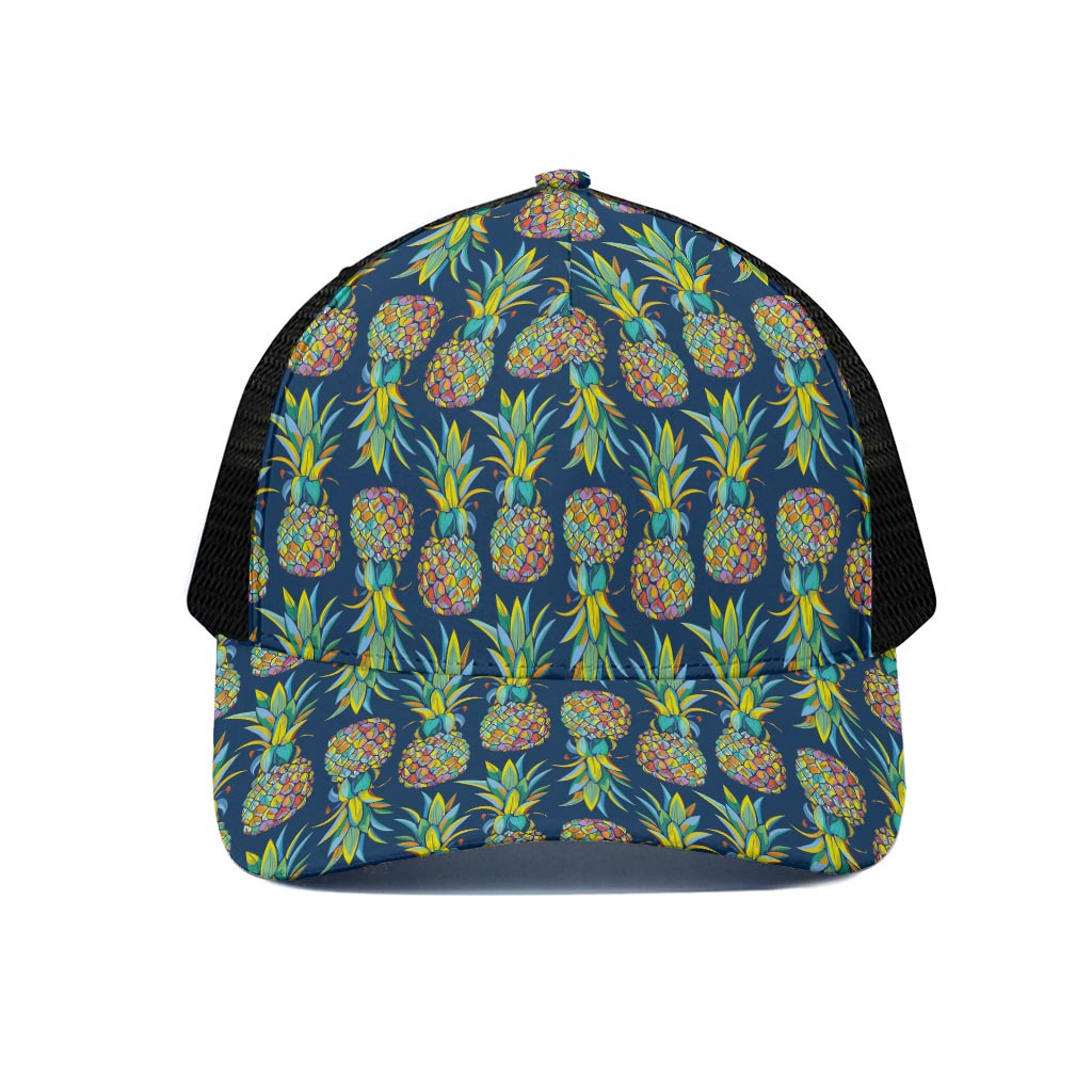 Colorful Pineapple Pattern Print Black Mesh Trucker Cap
