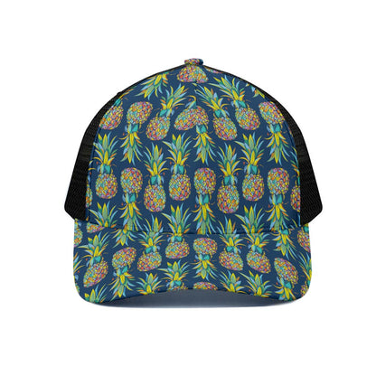 Colorful Pineapple Pattern Print Black Mesh Trucker Cap