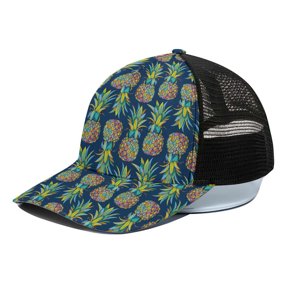 Colorful Pineapple Pattern Print Black Mesh Trucker Cap
