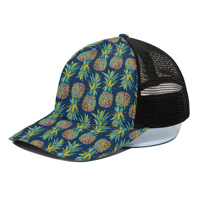 Colorful Pineapple Pattern Print Black Mesh Trucker Cap