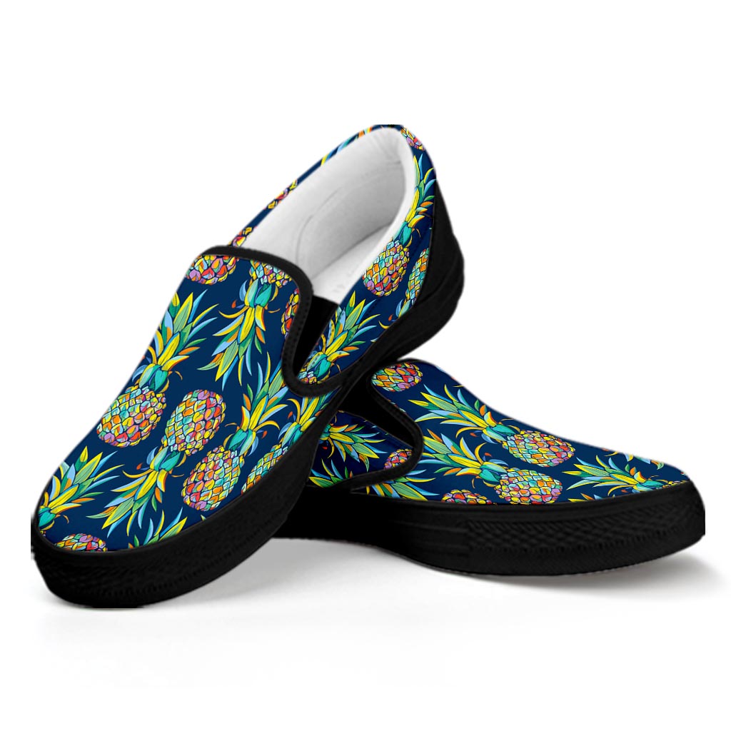 Colorful Pineapple Pattern Print Black Slip On Sneakers