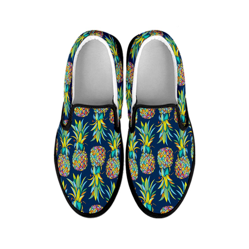 Colorful Pineapple Pattern Print Black Slip On Sneakers